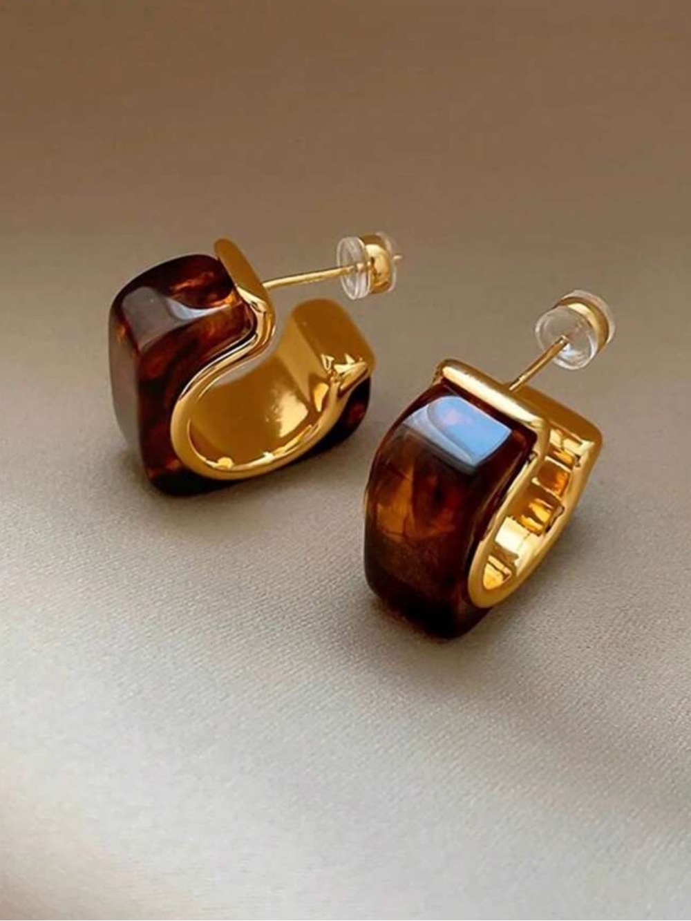 OVO Gold-Trim Brown Tortoiseshell Chunky Hoop Stud Earrings